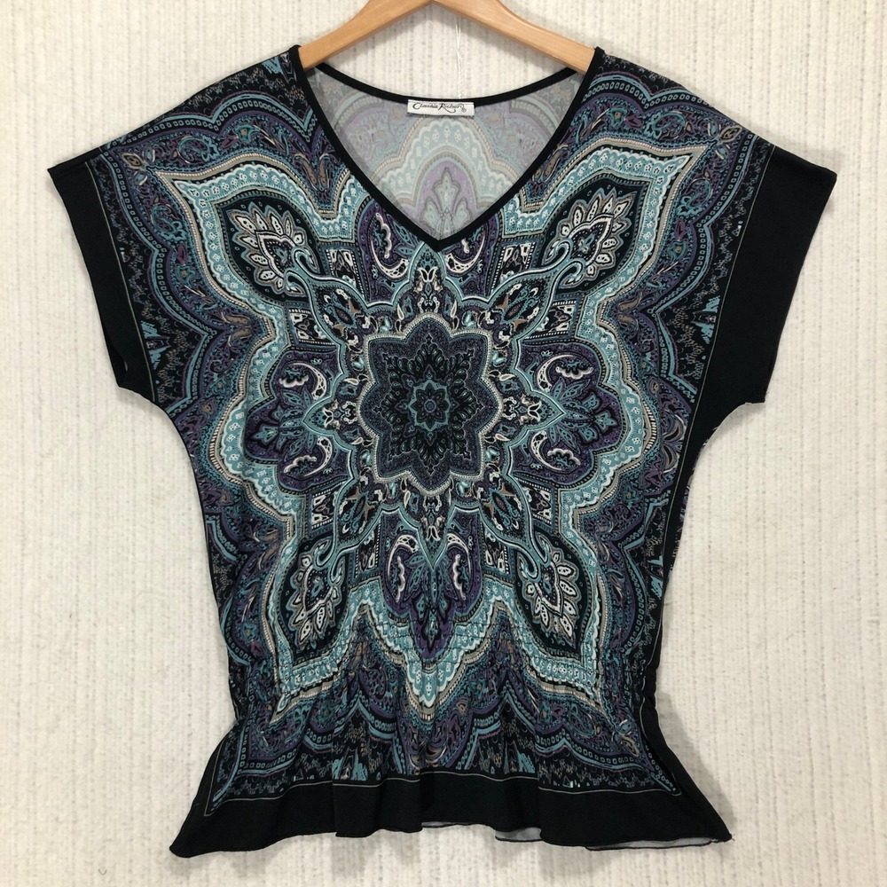 Claudia Richards Women's Butterfly‎ Sleeve V Neck Top Mandala Print Black Purple - Picture 3 of 6